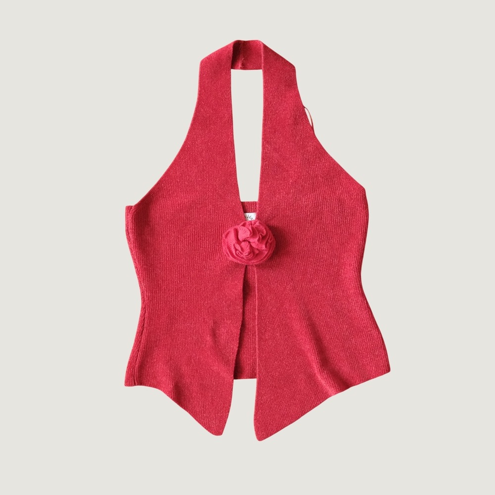 With Jéan Rose Top Halter Open Front Red Floral XL Coquette Romantic Designer